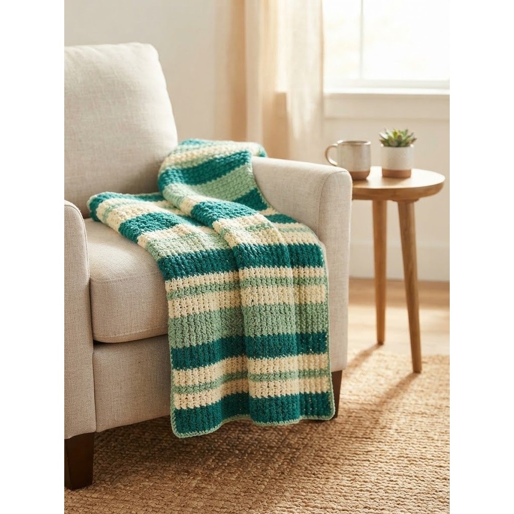 Handmade Crochet Striped Afgan Throw Blanket Green Cream Soft Boho Knit 30x48